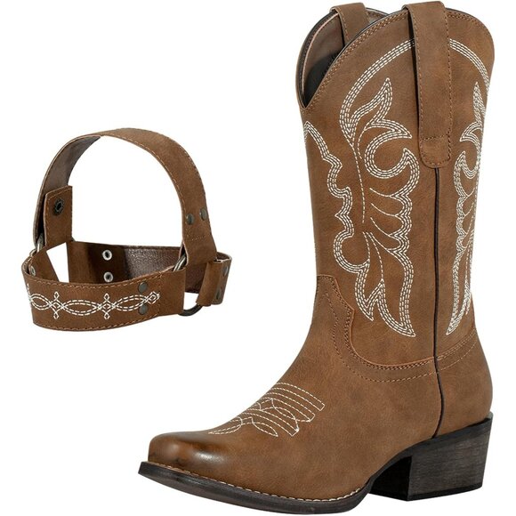 J's.o.l.e Women Brown Western Cowboy Boot Square Toe With Removable Buckle Strap - Picture 3 of 9